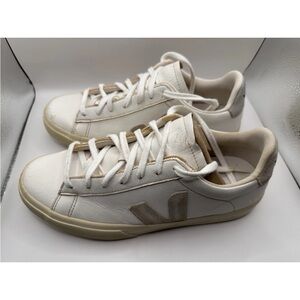 Veja White Leather Sneakers with Beige Accents